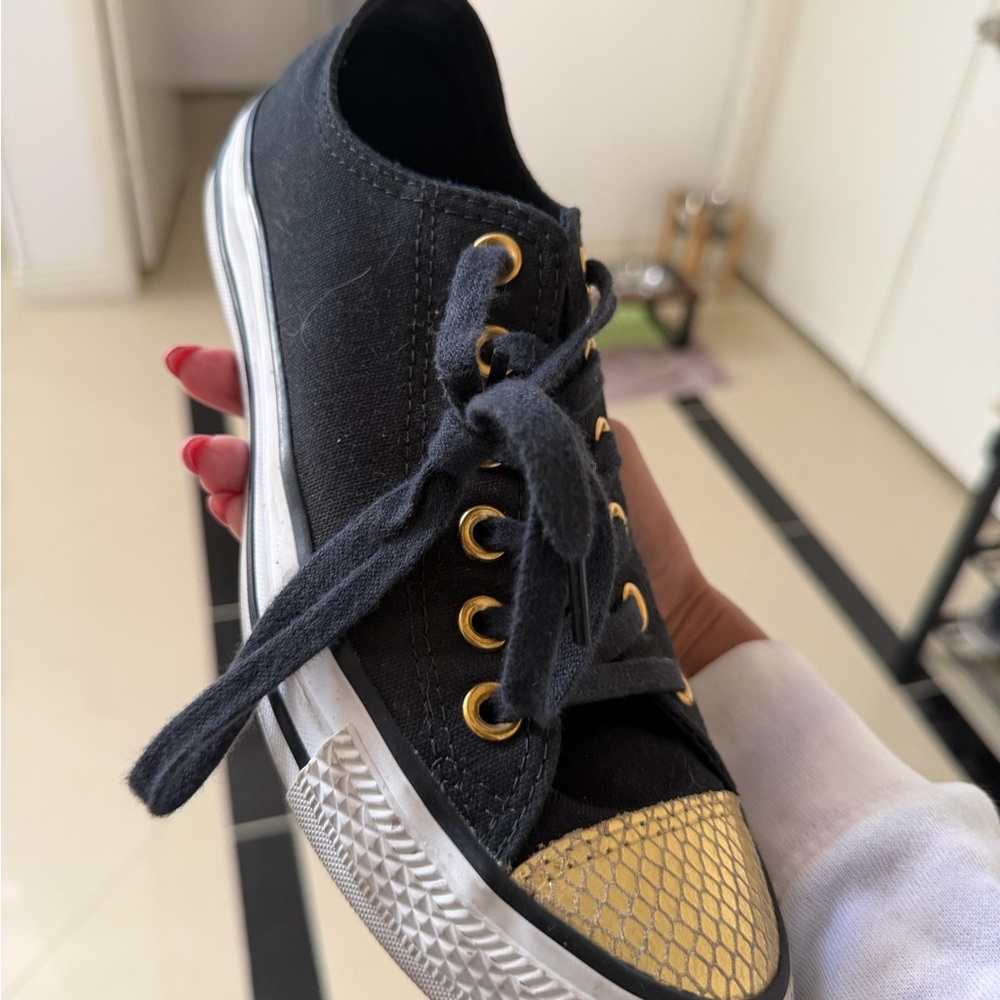 Converse All Stars Black Gold White Women's so 8 Sneakers w/ gold snakeskin toe - Picture 10 of 12